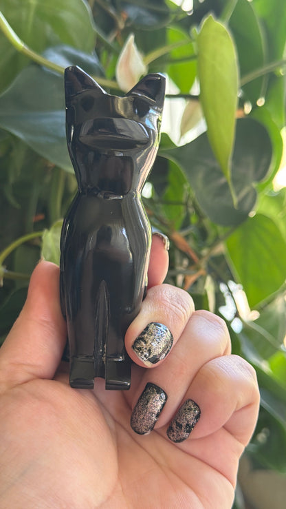 A hand with glittery black nail polish holds a glossy black cat-shaped object against a background of green houseplants.